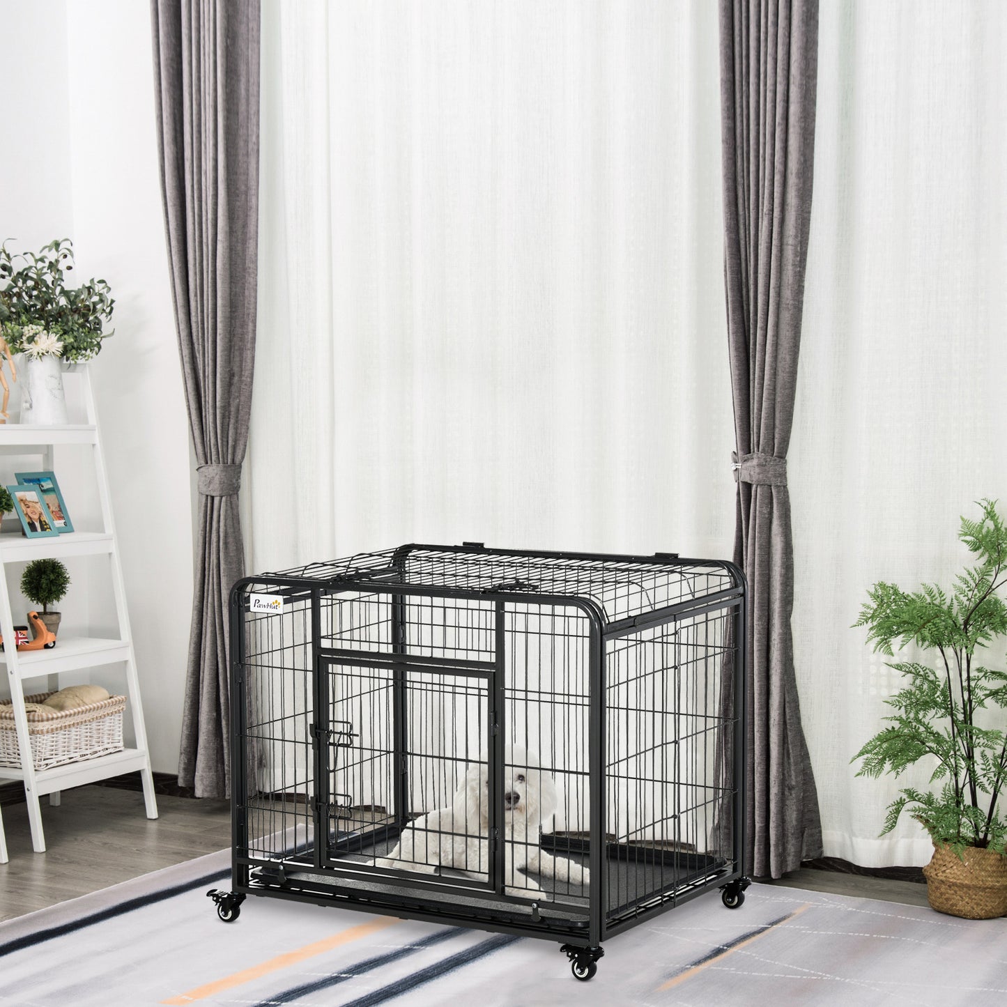 Dog Cage on Locking Wheels | Double-Latch Door | Openable Top | Removable Tray | Foldable | Medium Dogs up to 20kg | 94 x 58 x 76.5cm | Dark Grey