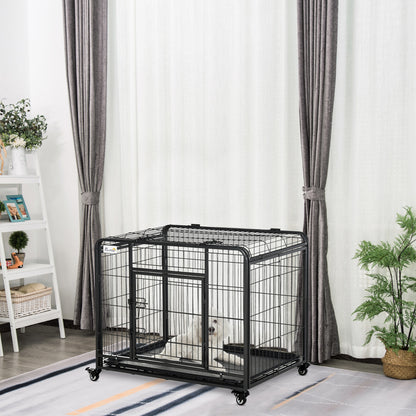 Dog Cage on Locking Wheels | Double-Latch Door | Openable Top | Removable Tray | Foldable | Medium Dogs up to 20kg | 94 x 58 x 76.5cm | Dark Grey