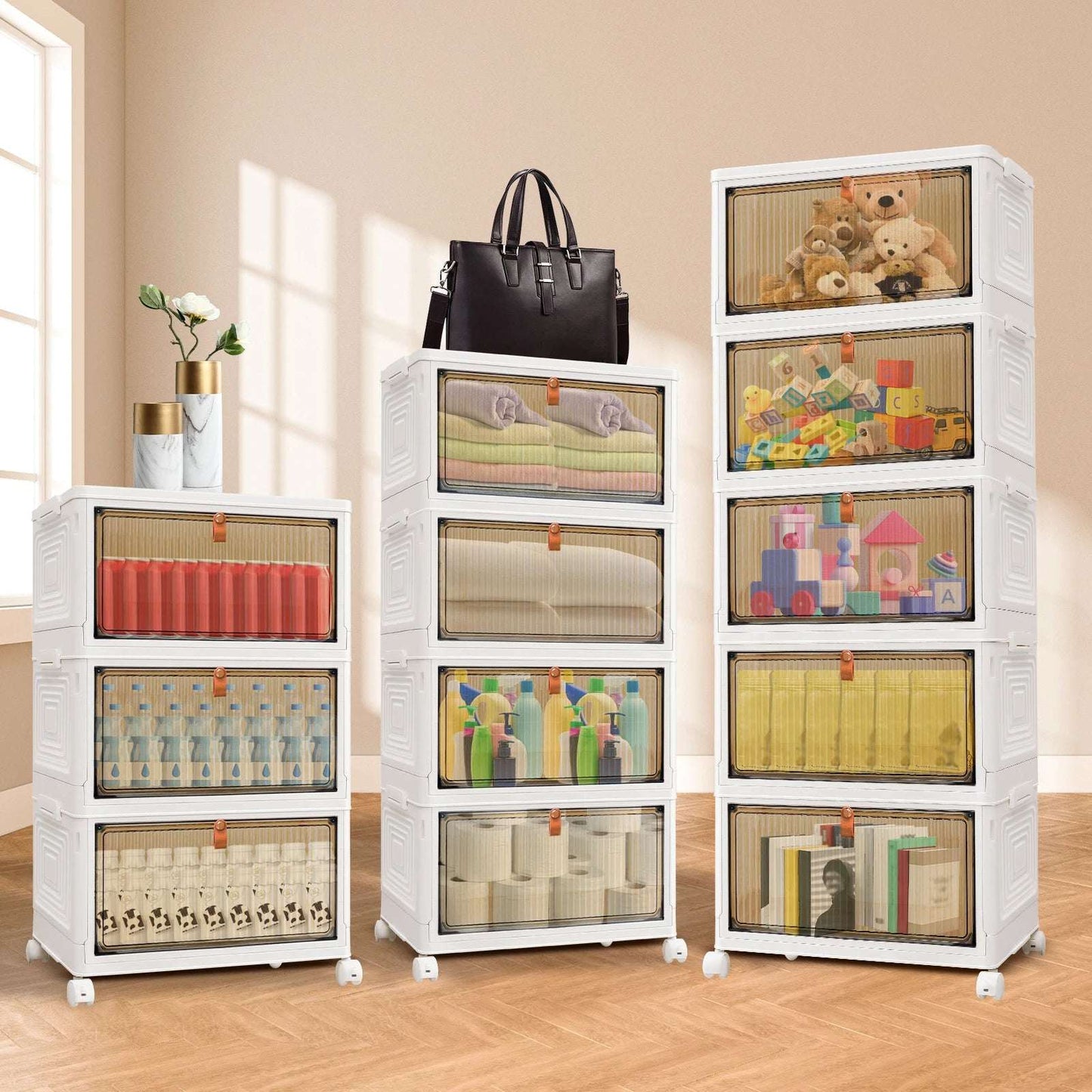 3/4/5-Tier Storage Boxes with Lid, Plastic Storage Boxes with 4 Universal Wheels, Organizer for Bedroom Living Room Study Office