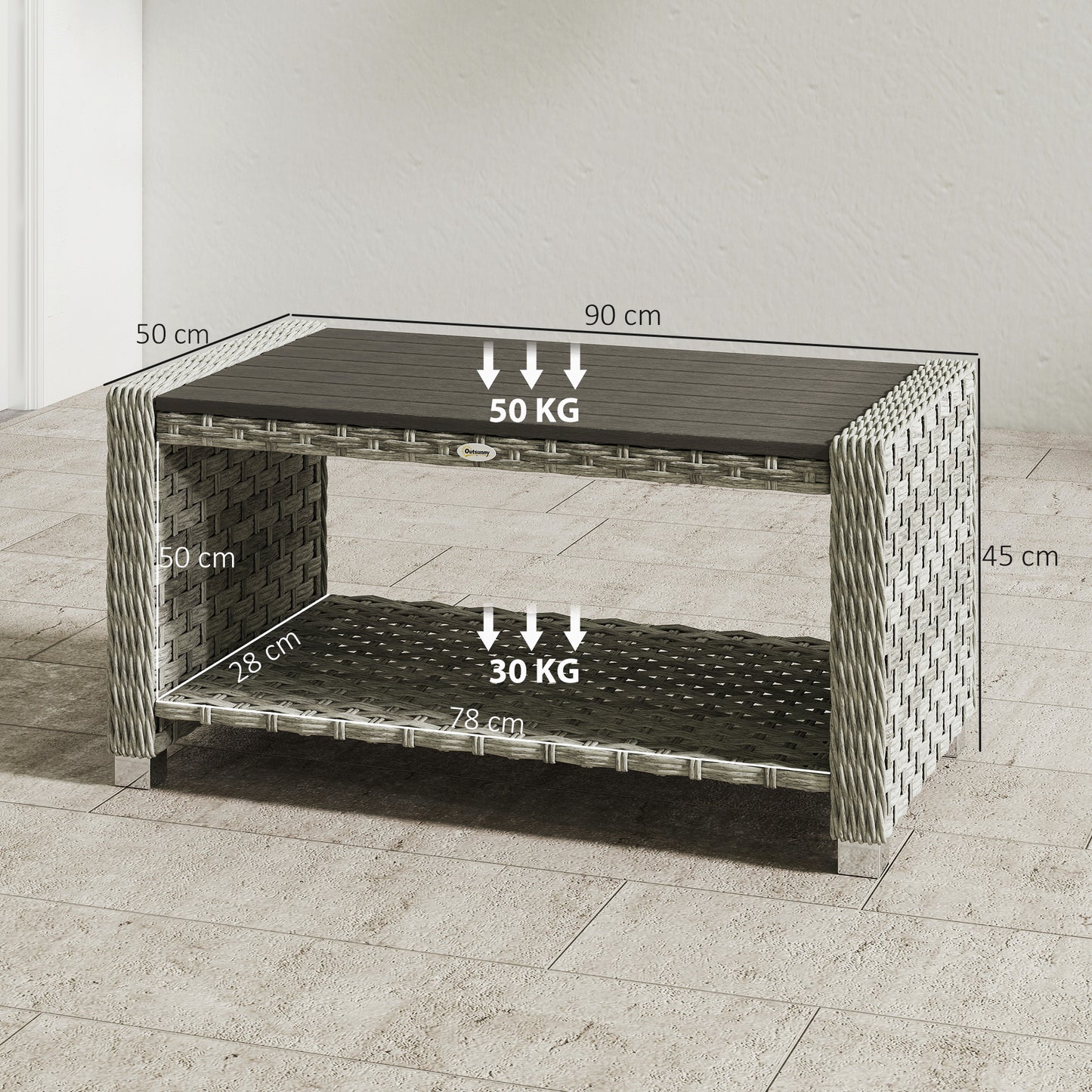 2-Tier Rattan Garden Coffee Table | PS Waterproof Top | Storage Shelf | 50kg | Foot Pads | Grey