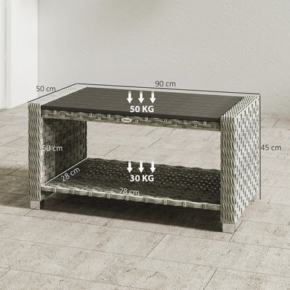 2-Tier Rattan Garden Coffee Table | PS Waterproof Top | Storage Shelf | 50kg | Foot Pads | Grey
