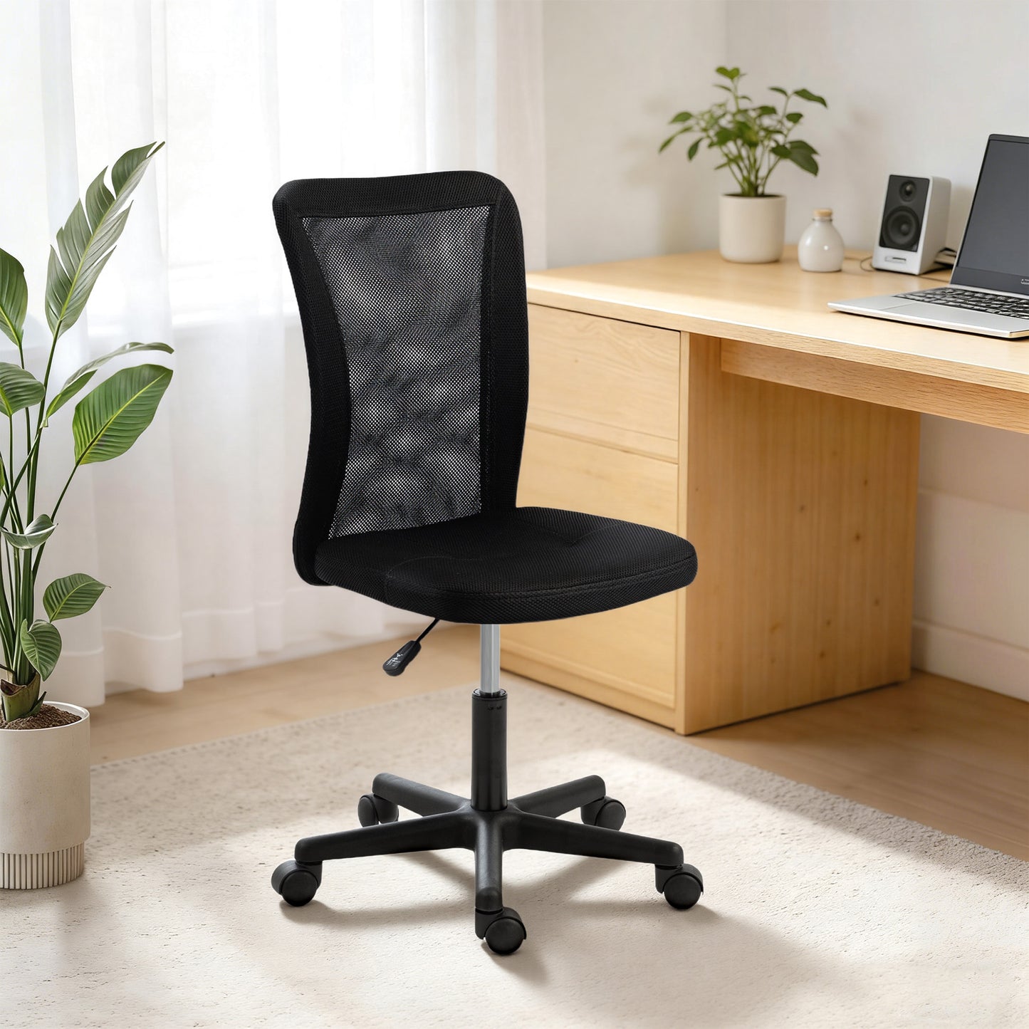 Armless Mesh Office Chair | 360° Swivel | Adjustable Height 40-52cm | 6cm Padded Seat | Breathable Curved Mesh Back | 120kg | Compact Space Saving | Black