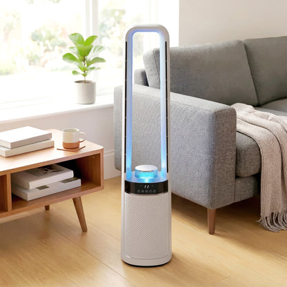 Bladeless Tower Fan | 36dB Sleep Mode | 4-Colour LED & Breathing Mode | 45° Oscillation | 3 Speeds | 12H Timer | 5m Remote | Washable Filter | 85W | 20.6x21.4x93.3cm | White