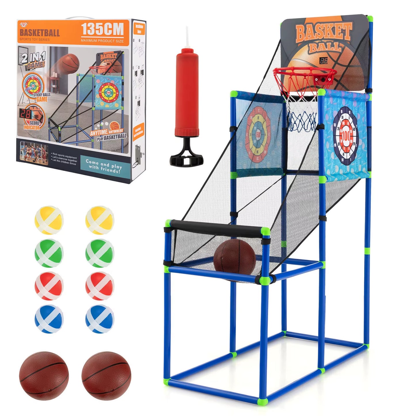 Kids Basketball Arcade Game 2-In-1 Indoor Outdoor Basketball & Sticky Balls Game