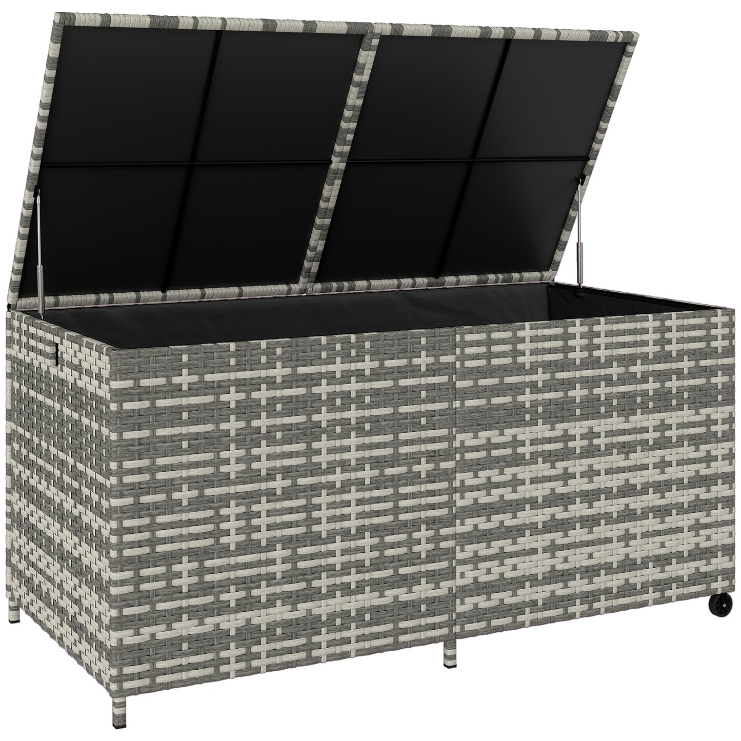 650L Garden Storage Box | Rattan | Waterproof Zipped Liner | Gas-Assisted Lid | 2 Wheels | UV Resistant | 150x75x74cm | 100kg | Mixed Grey