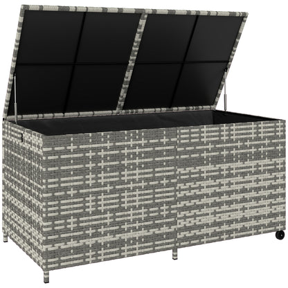 650L Garden Storage Box | Rattan | Waterproof Zipped Liner | Gas-Assisted Lid | 2 Wheels | UV Resistant | 150x75x74cm | 100kg | Mixed Grey
