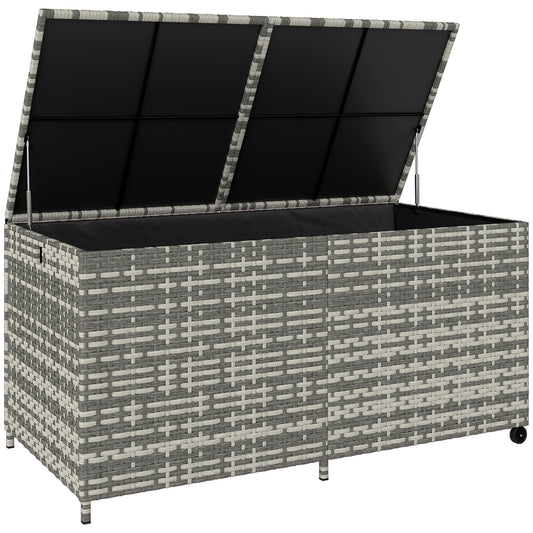 650L Garden Storage Box | Rattan | Waterproof Zipped Liner | Gas-Assisted Lid | 2 Wheels | UV Resistant | 150x75x74cm | 100kg | Mixed Grey