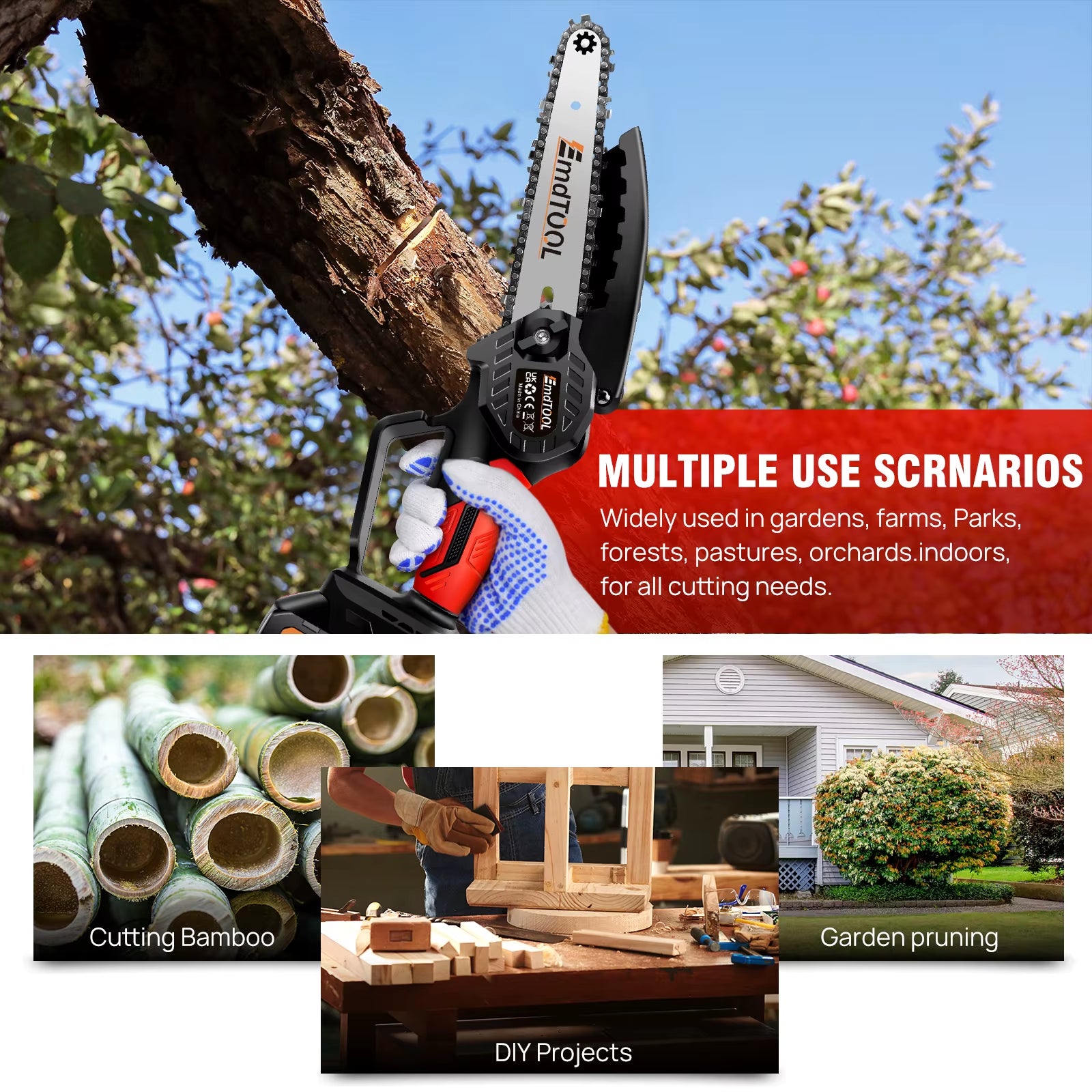 Mini Chainsaw 6 Inch Cordless, 21V Battery 5000W Chain Saw for Branch Pruning with 3Ah Battery & 2 Chains for Wood Cutting