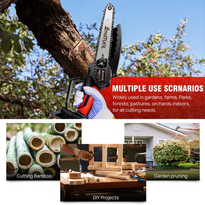 Mini Chainsaw 6 Inch Cordless, 21V Battery 5000W Chain Saw for Branch Pruning with 3Ah Battery & 2 Chains for Wood Cutting