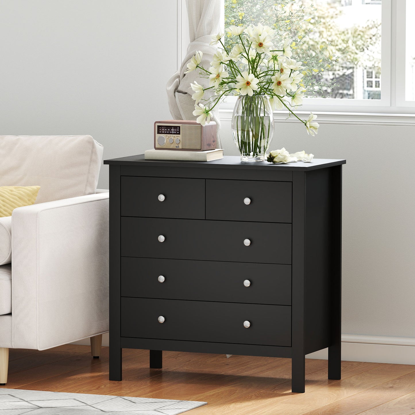 5-Drawer Chest of Drawers | 2 Small & 3 Large Drawers | Round Metal Knobs | Anti-Tip Straps | 70kg | Black