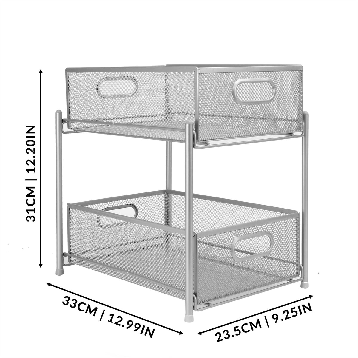 Maison & White 2 Tier Stainless Steel Sliding Shelves | 31x33x23.5cm | 2 Mesh Pull-Out Drawers | No Assembly | Kitchen Pantry Bathroom Desk | Freestanding Storage | 2-Year Warranty