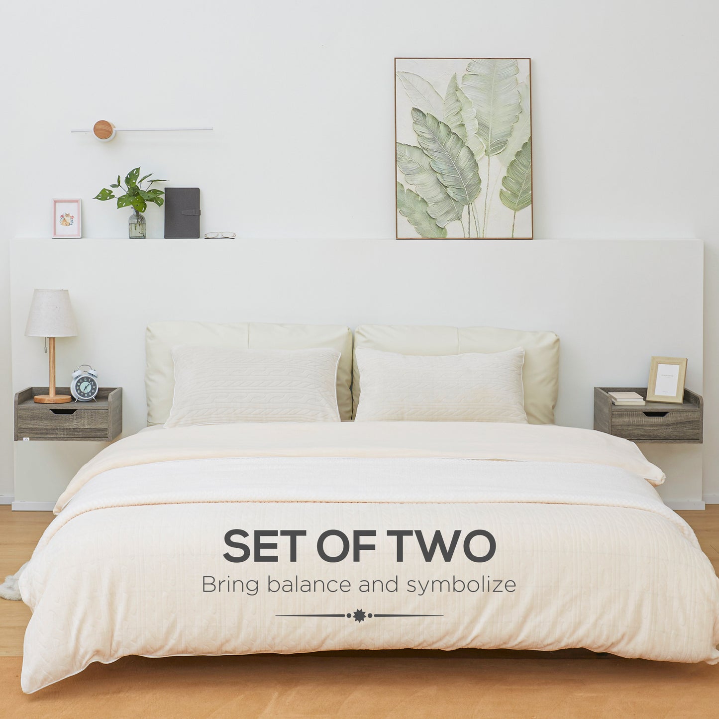 Floating Nightstand Set of 2 Wall Mounted Bedside Table with Storage Drawer for Bedroom, Grey