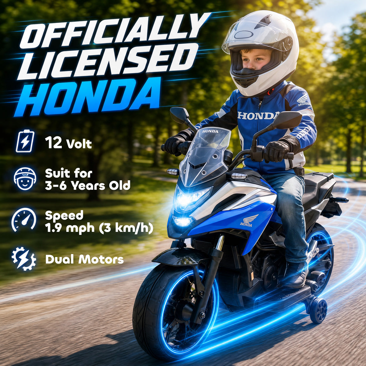 Licensed Honda NC750X 12V Kids Electric Motorbike | Soft-Start | Training Wheels | Forward & Reverse | Headlights | USB MP3 Music | LED Battery Indicator | 107x46x75cm | 30kg | Age 3-6 | Blue