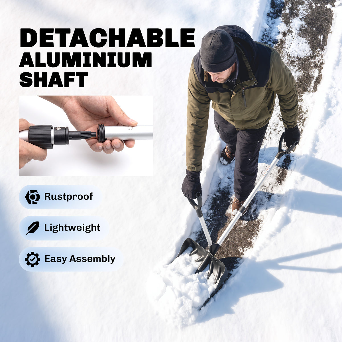 Heavy-Duty Snow Shovel with Assist Handle | Metal-Edged 45x33cm Blade | Dual D-Ring Grip | Detachable Oxidised Aluminium Handle | 45x37x135cm | Paved Surfaces & Light Snow | Black