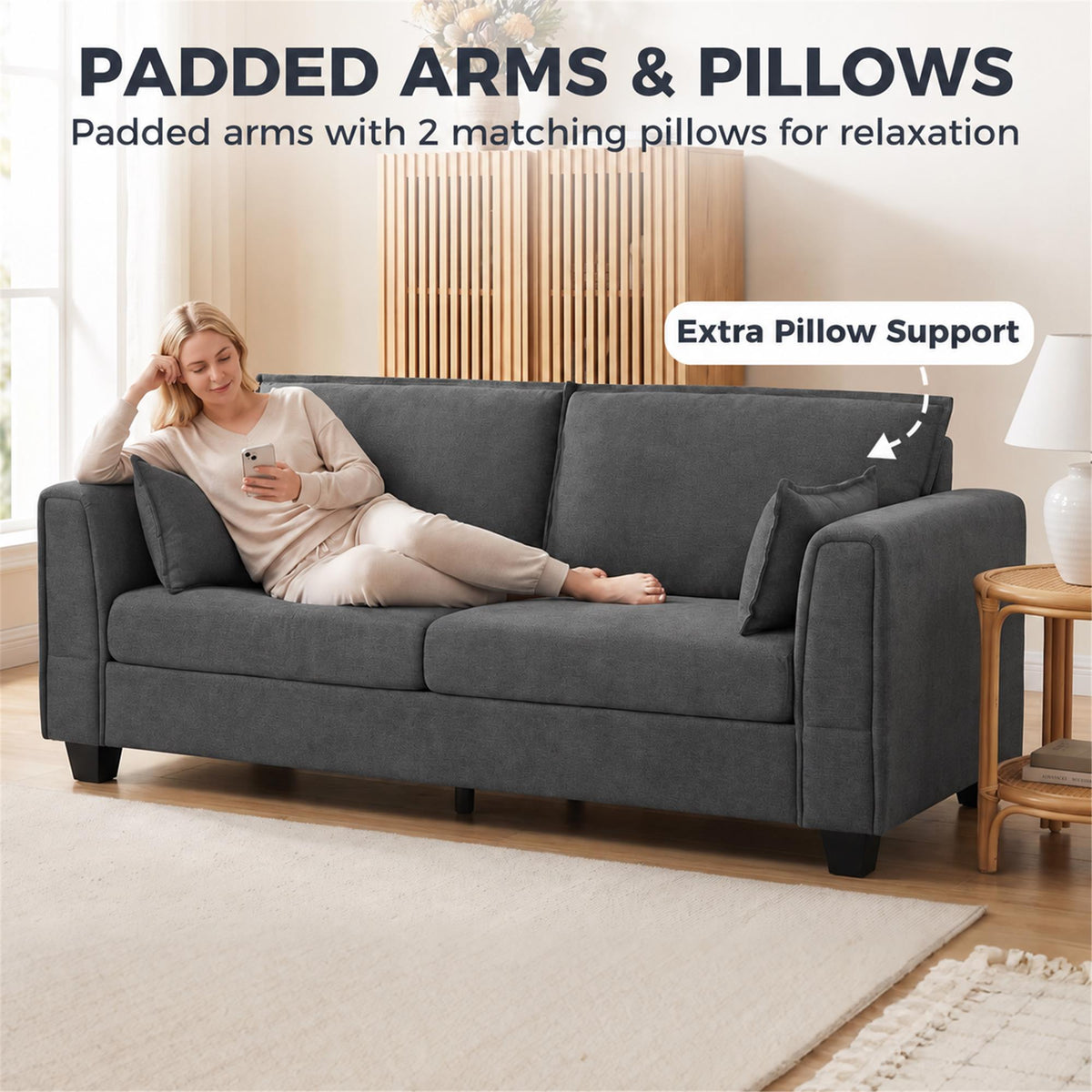 3 Seater Sofa | 200cm Linen-Look Polyester Couch | Pocket-Spring Seats, Padded Arms & 2 Cushions | Dark Grey or Dark Blue