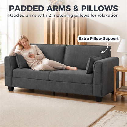 3 Seater Sofa | 200cm Linen-Look Polyester Couch | Pocket-Spring Seats, Padded Arms & 2 Cushions | Dark Grey or Dark Blue