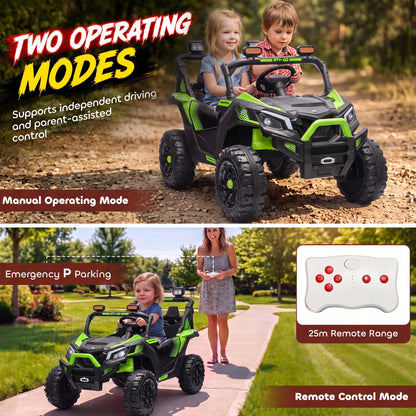 AIYAPLAY 24V 2-Seater Electric Ride-On UTV | Dual 120W Motors | Parent Remote & Suspension | LED Lights & USB Music | Green, Black or Pink | Ages 3–8