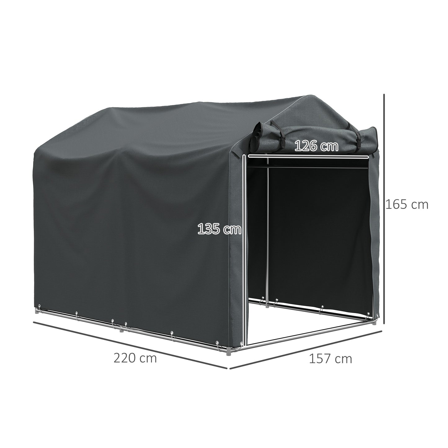 2.2 x 1.6 m Garden Storage Tent, Waterproof Anti-UV Bike Tent with Roll-up Zipper Door, Galvanised Outdoor Storage Shelter Carport, Dark Grey