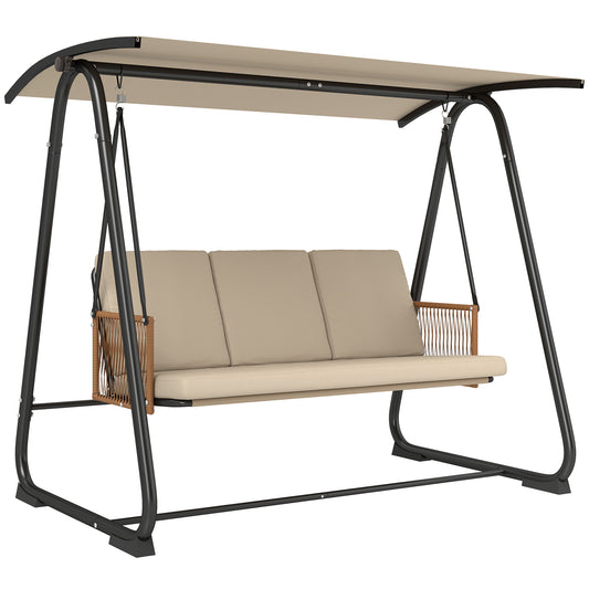 3 Seater Garden Swing Chair | UPF30+ Adjustable Canopy | Texteline Seat | Rattan Armrests | Thick Cushions | Washable Covers | Powder-Coated Frame | 360kg | Sand Brown
