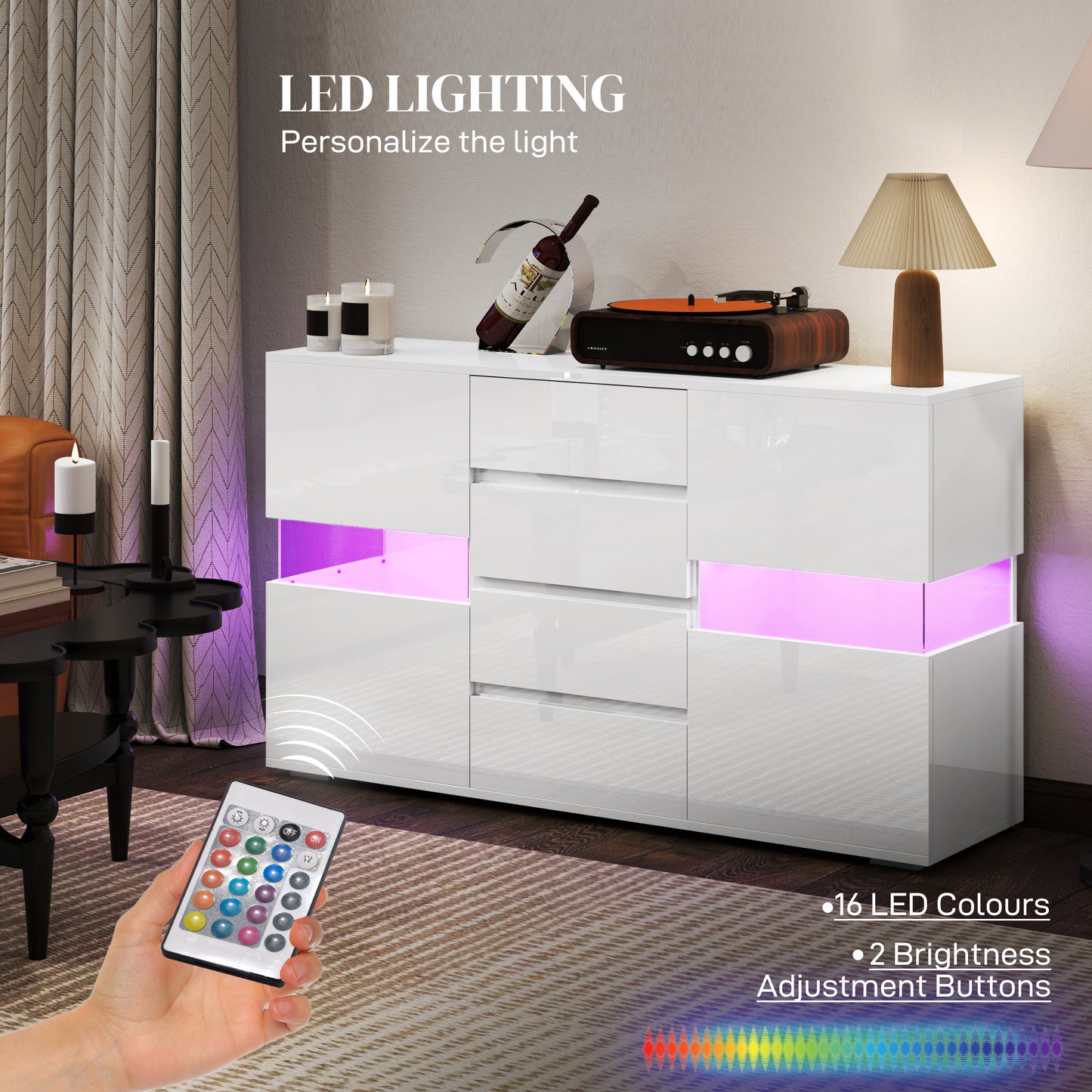 LED Light Sideboard Unit Cabinet - High Gloss White