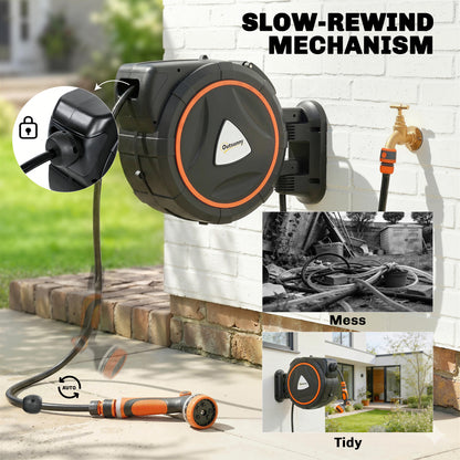 30m Retractable Garden Hose Reel | Auto Slow-Rewind | Self-Locking at Any Length | Wall-Mount or Portable | 12 Spray Patterns | 120 PSI | UV-Resistant PP | Orange