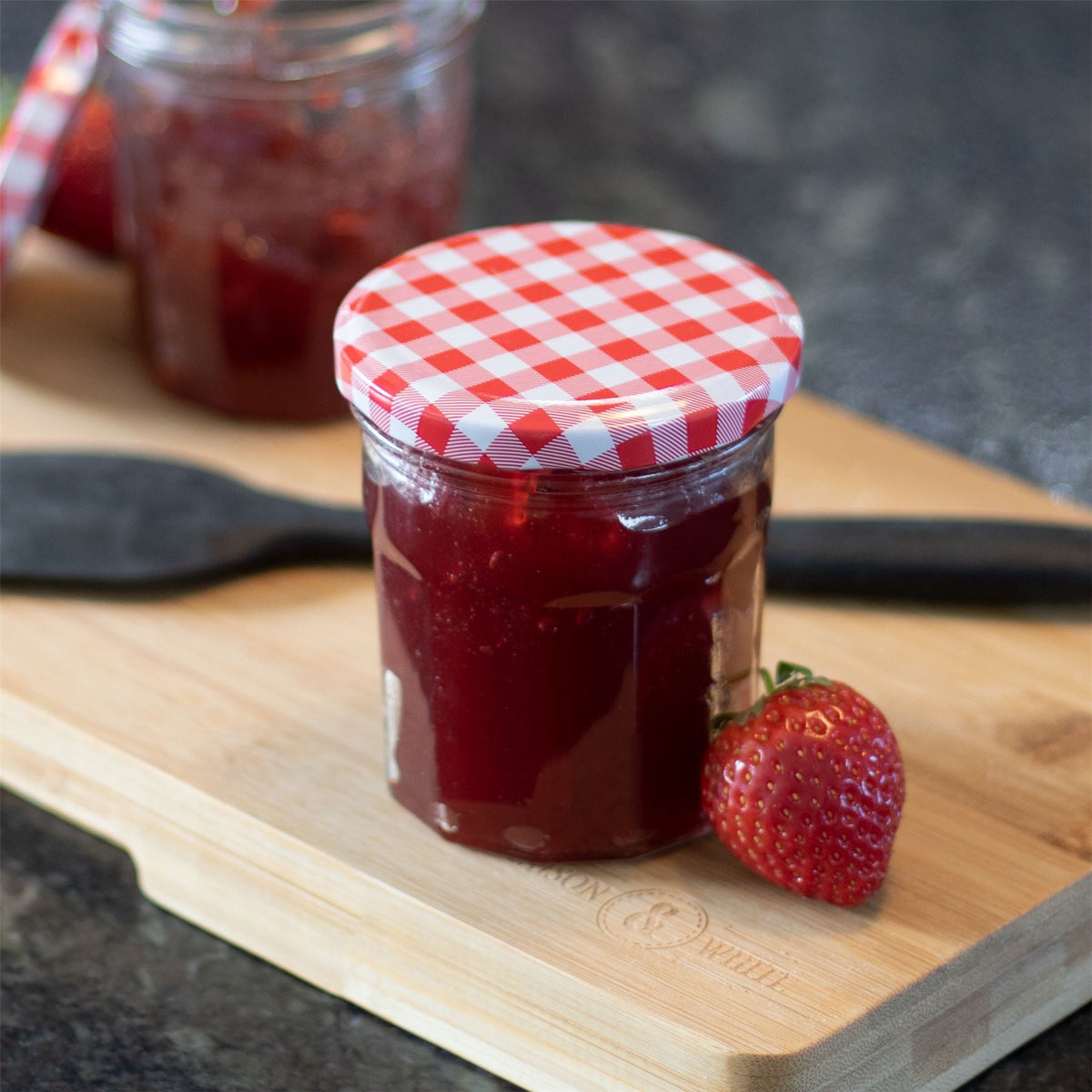 Maison & White Set of 12 Wide Mouth Glass Jam Jars | 324ml | 9.8x9cm | Gingham Lids | Airtight Vinegar-Proof | Oven Fridge & Dishwasher Safe | 2-Year Guarantee