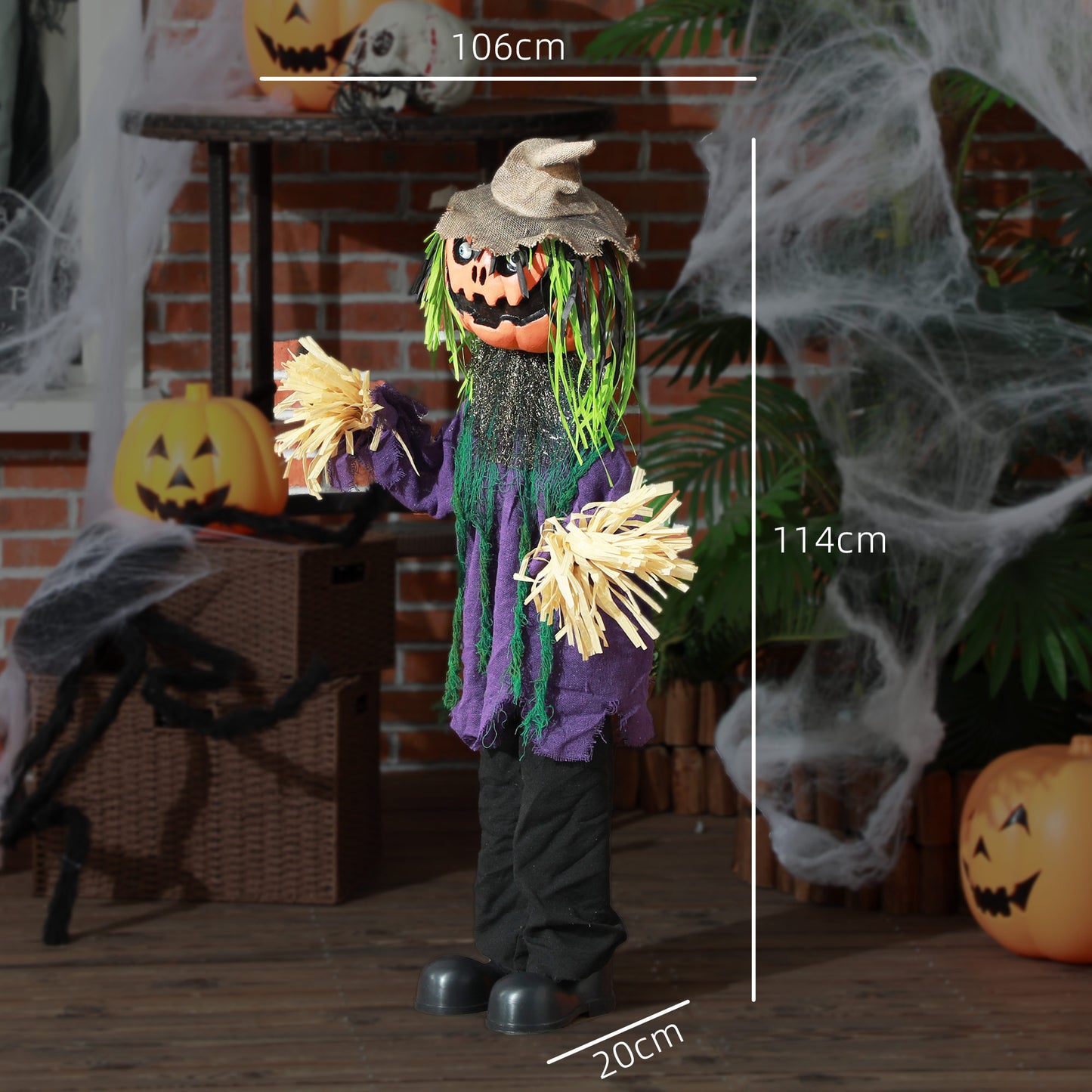 114cm 45" Pumpkin Outdoor Halloween Decoration, Halloween Animatronic with Sound Activated, Light Up Eyes, Music, Animated Prop for Haunted House