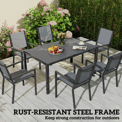 7 Piece Garden Dining Set, Outdoor Furniture Set with 6 Stackable Chairs and 150 cm Rectangle Table, WPC Slatted Top, Rust-Resistant Steel Frame