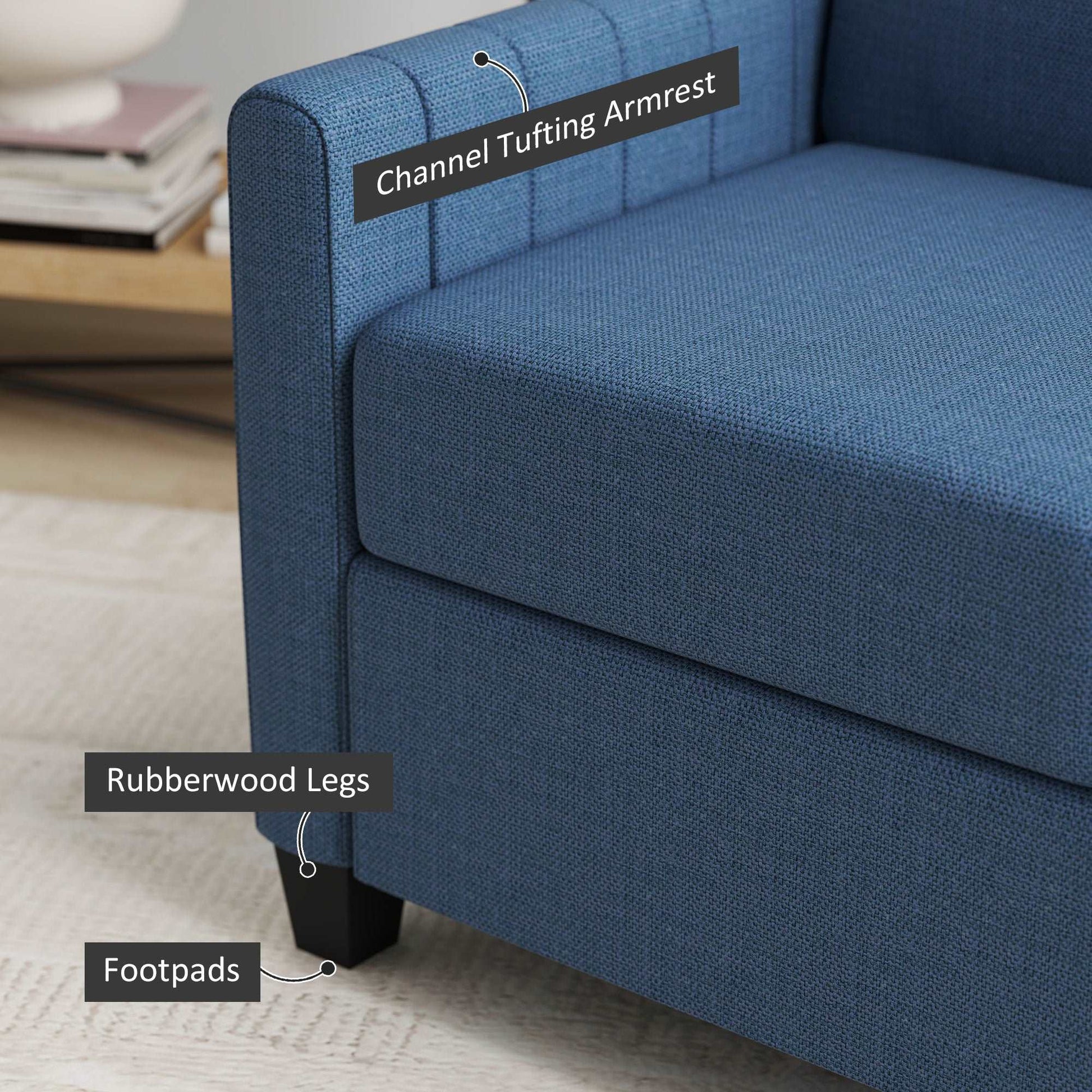 2 Seater Sofa, Channel Tufted Modern Fabric Couch, Comfy Upholstered Loveseat with Spring Cushion, Back Pillow, for Living Room - Blue