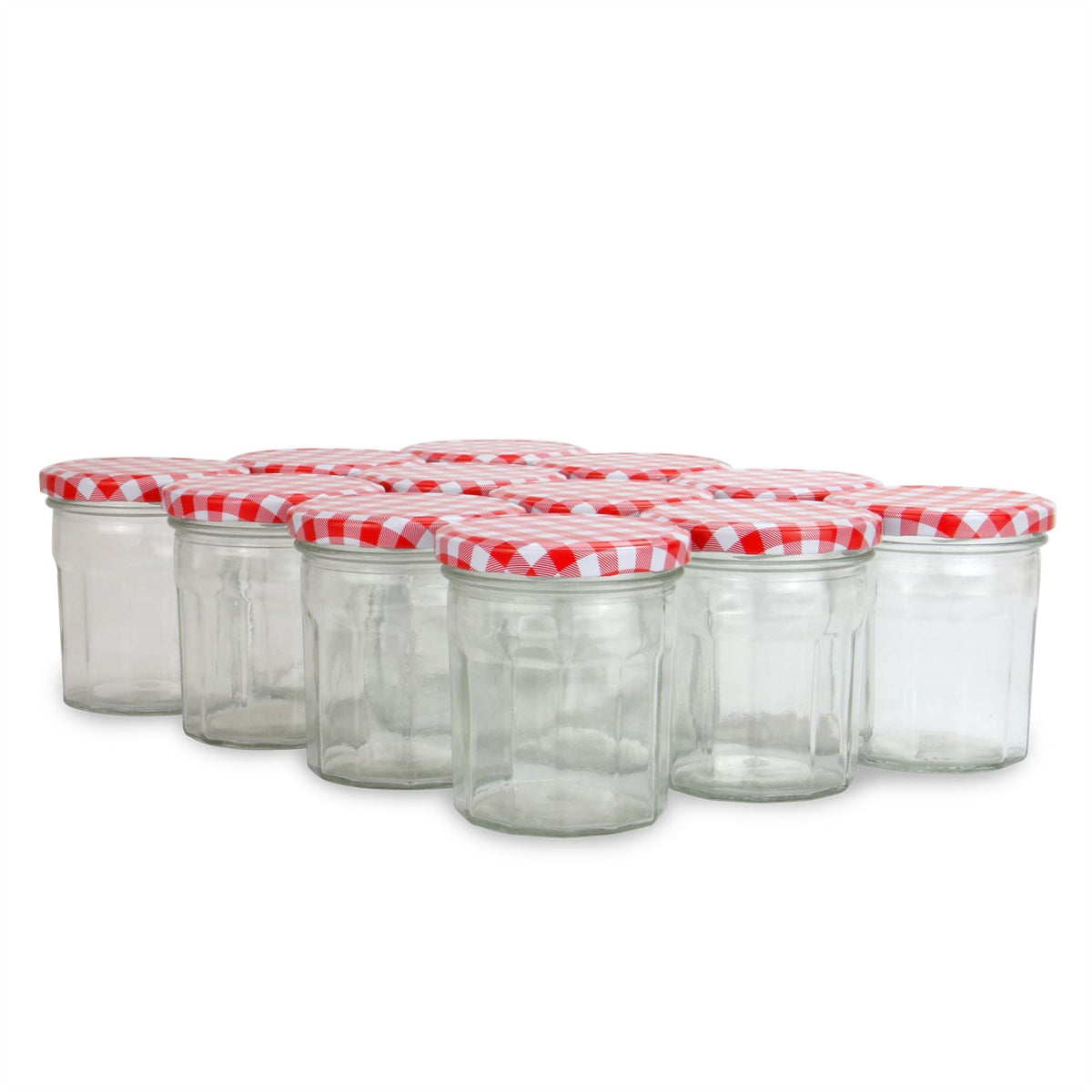 Maison & White Set of 12 Wide Mouth Glass Jam Jars | 324ml | 9.8x9cm | Gingham Lids | Airtight Vinegar-Proof | Oven Fridge & Dishwasher Safe | 2-Year Guarantee