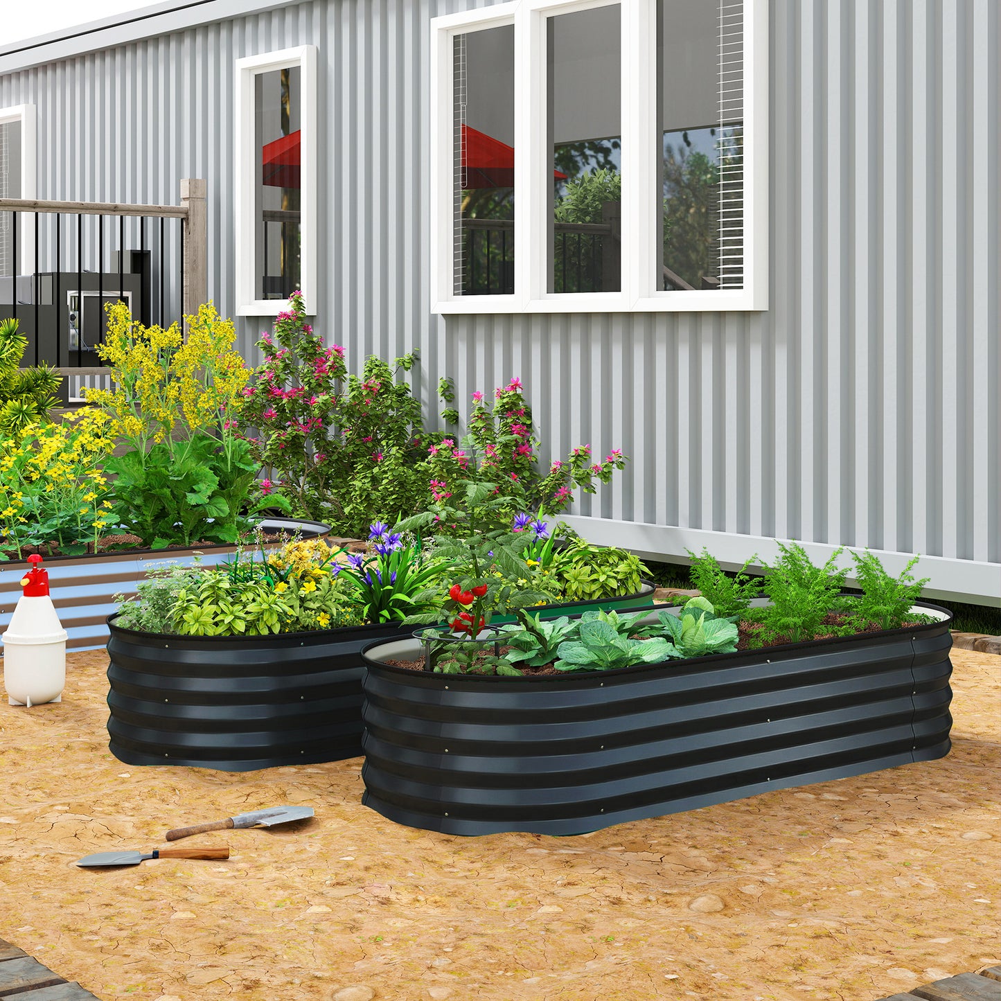 Set of 2 Galvanised Steel Raised Garden Beds | Open Bottom | Rubber Seal Top | 4 Protective Corners | Metal Plant Stakes | Easy Assembly | 150x60x30cm | Dark Grey