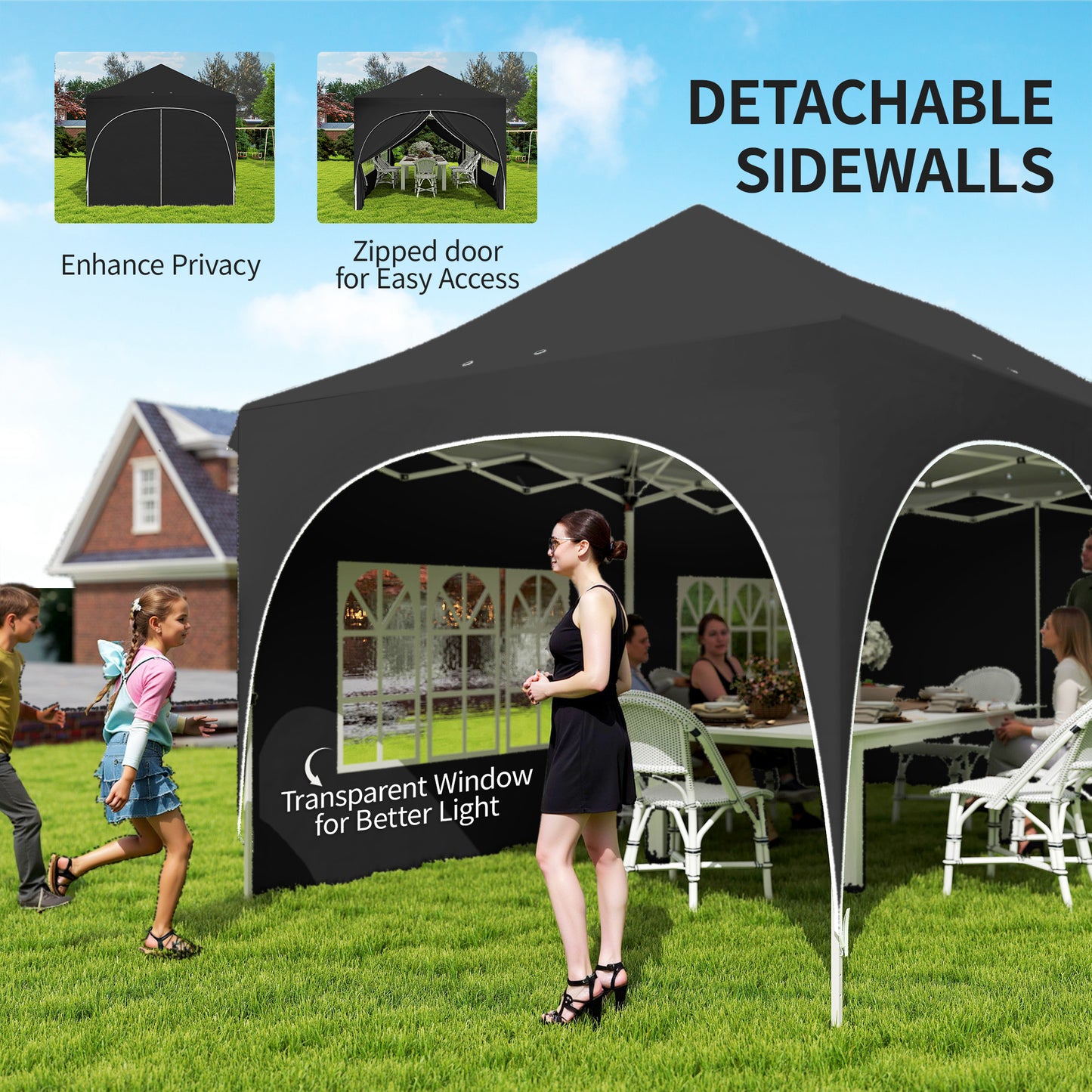 3x6m Peak-Top Pop-Up Party Gazebo | 15-20 People | UPF30+ 210D Oxford Fabric | 6 Sidewalls | 4 Windows & 2 Zipper Doors | 3 Height Settings | 12 Drainage Holes | Stakes, Ropes & Sandbags | Carry Bag | Black