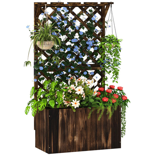 Wooden Planter with Trellis, Freestanding Raised Garden Bed with Drainage Holes, Outdoor Planter Box with Liner for Vegetables, Herbs and Flowers,