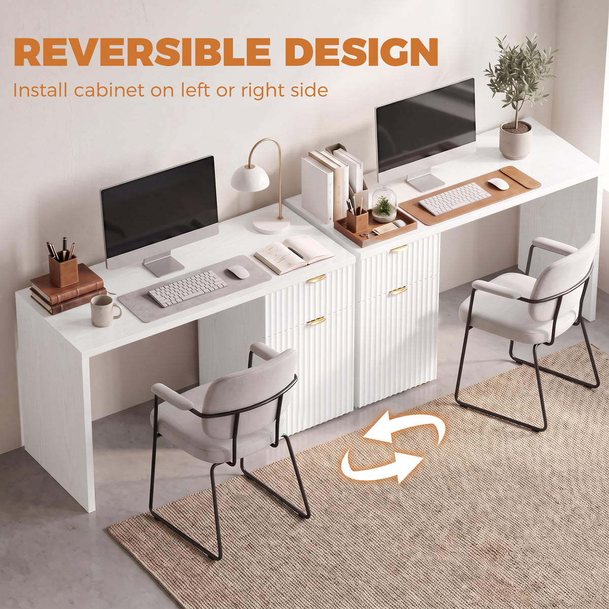 Reversible Computer Desk with Drawer & Cabinet | White & Gold MDF | 120x50x76cm | 3-Level Adjustable Shelf | Interchangeable Handles | Vanity Writing Office Desk | 60kg