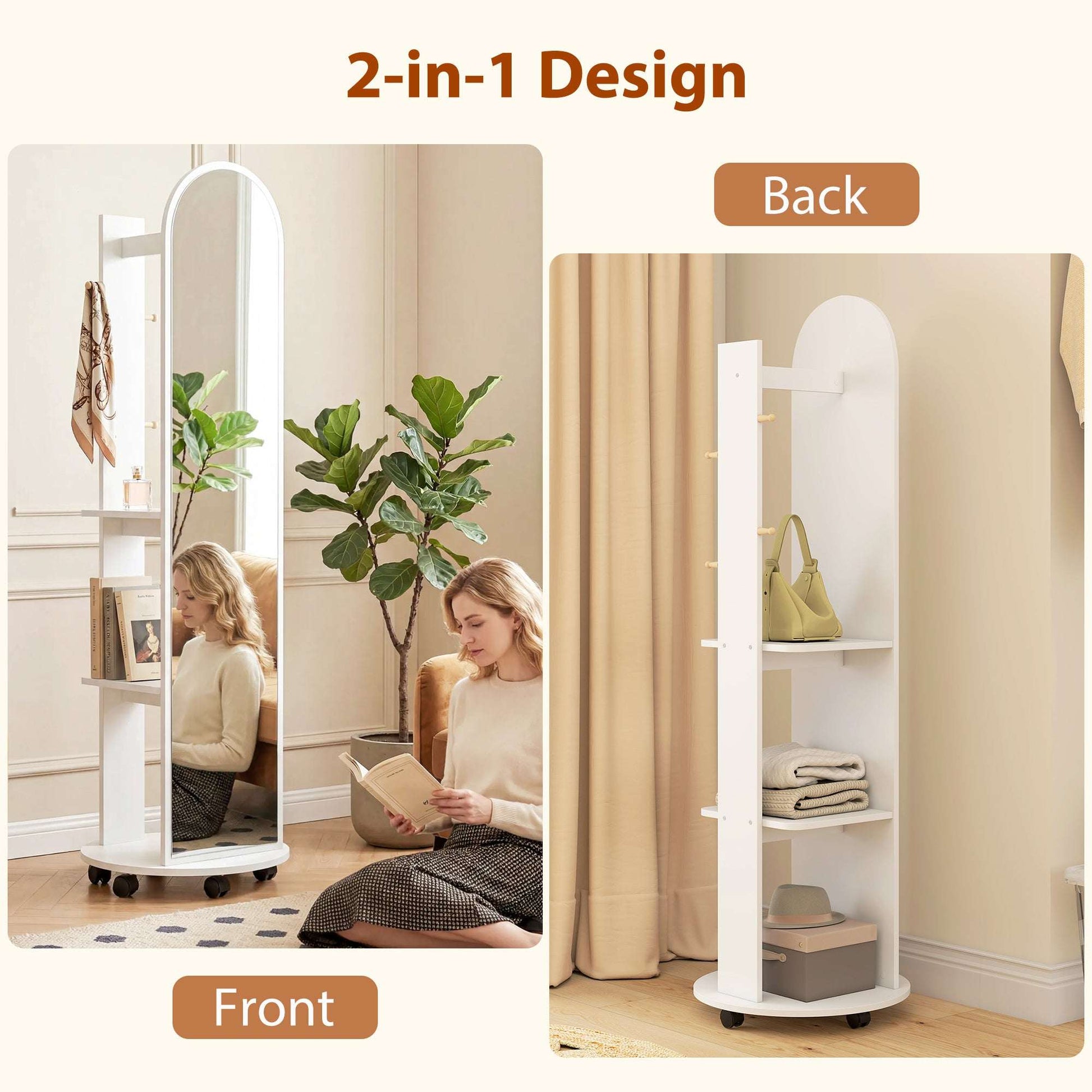 2-in-1 Full-Length Floor Mirror with Hidden Back Storage Shelves | Coat Rack & Hooks | 4 Lockable Wheels | Shatter-Resistant Tempered Glass | 50x50x167cm | White