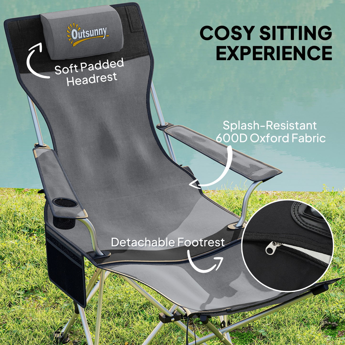 Set of 2 Reclining Folding Camping Camp Chair w/ Detachable Footrest, Storage Bag, Cup Holder & Headrest, Lightweight Portable for Beach, Picnic