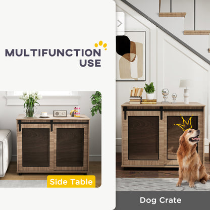 Dog Crate Furniture Side Table | Barn Door & Side Door | 3-Sided Ventilation | Large Dogs up to 30kg | 98 x 60 x 78cm | Walnut Brown