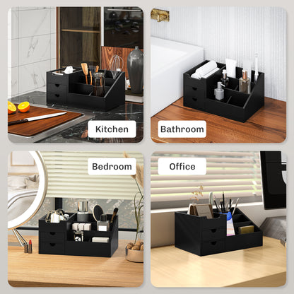 Desk Organiser Holder, Bamboo Multi-Function Storage Caddy with 7 Storage Compartments and 2 Drawers for Home Office Stationary Supplies