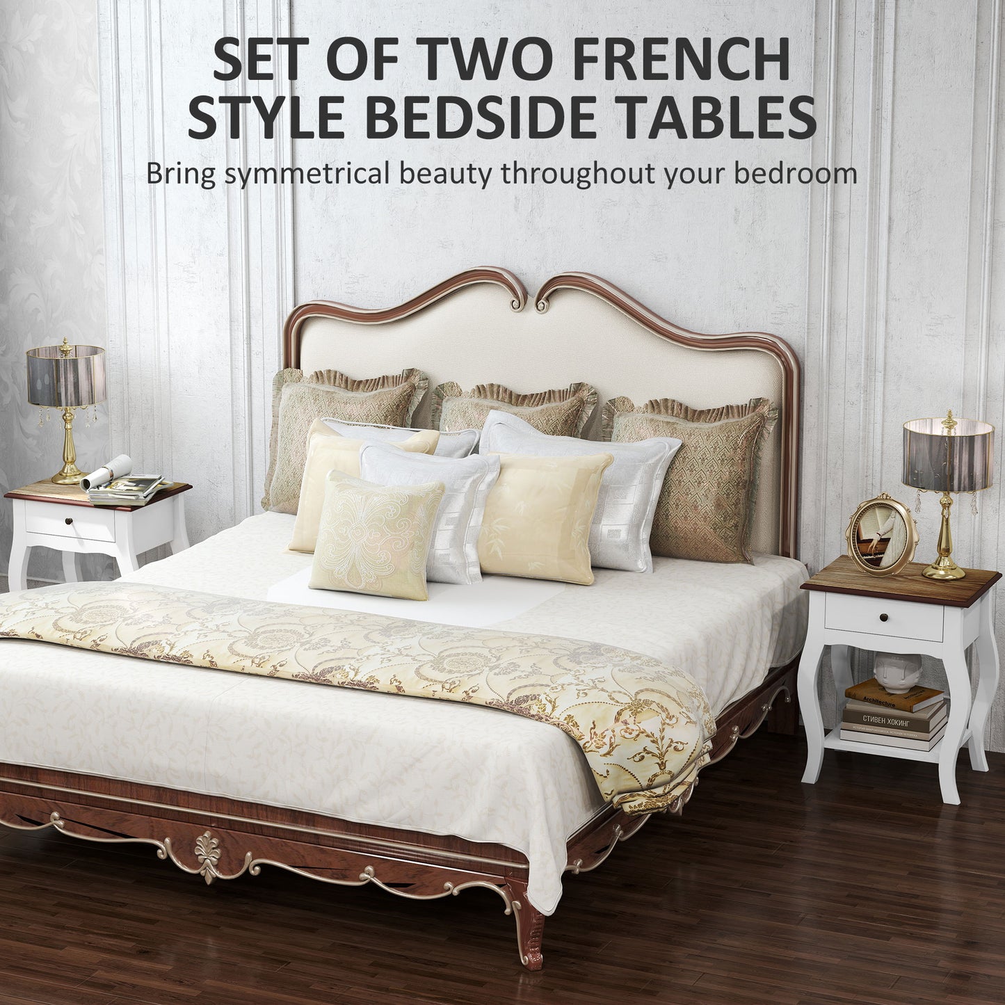 2 Pieces Bedside Tables with Drawer, French Style Bedside Cabinets with Open Shelf for Bedroom, Living Room, White