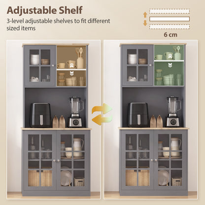 Kitchen Pantry Storage Cabinet | Grey & Oak Buffet Hutch with 3 Cabinets, Adjustable Shelf, 2 Open Shelves & Countertop | 80 x 37 x 183 cm