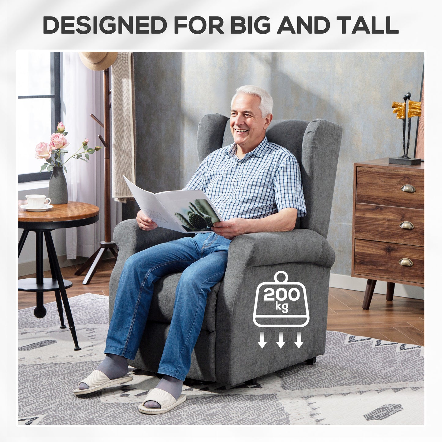 Power Lift Recliner Armchair, Electric Lift Chair, Fabric Riser and Reclining Chair with Remote Control, Side Pockets, Extended Footrest, for Living Room, Charcoal Grey