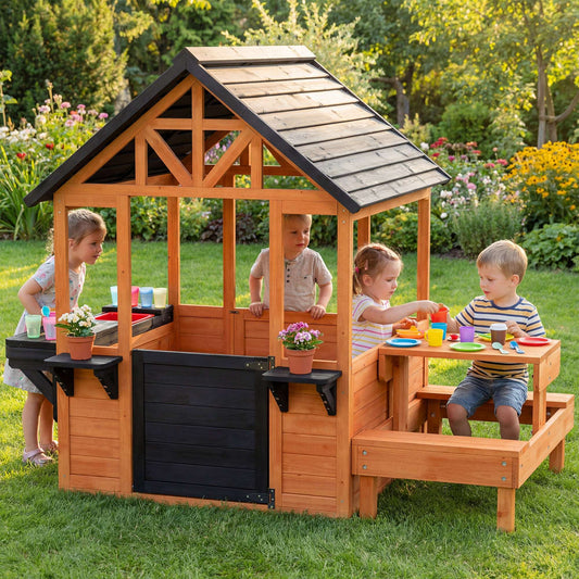 Wooden Kids Playhouse | Table & 2 Benches | Sink Basin | Flower Holders | Windows | Half-Door | 50kg | Ages 3-8 | Brown