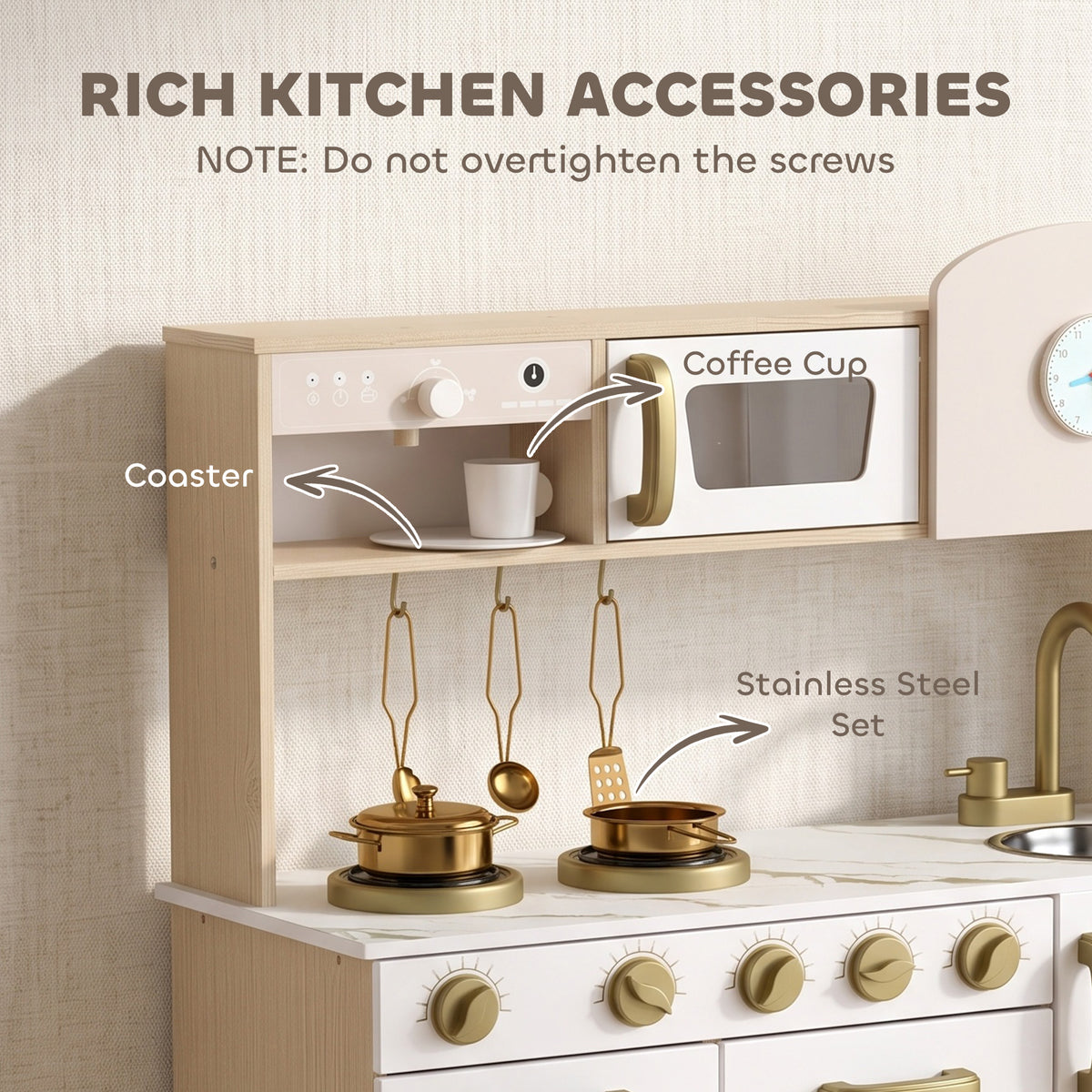 Kids Play Kitchen Playset | Rotating Coffee Maker | Stove with Ignition Sounds | Rotating Tap | Clock with Movable Hands | Shelves Cabinet & Drawer | 6-Piece Steel Set | E1 MDF | 74x29x81cm | Ages 3-6 | White