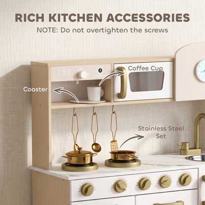 Kids Play Kitchen Playset | Rotating Coffee Maker | Stove with Ignition Sounds | Rotating Tap | Clock with Movable Hands | Shelves Cabinet & Drawer | 6-Piece Steel Set | E1 MDF | 74x29x81cm | Ages 3-6 | White