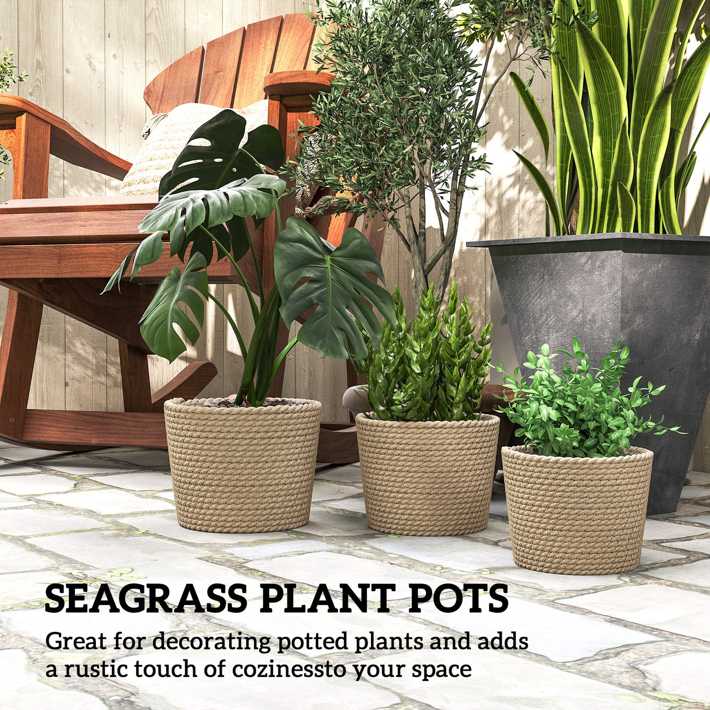Set of 3 Handwoven Seagrass Plant Pots | Plastic Inner Liner | Lightweight | Bohemian Style | S M L Sizes | Indoor & Outdoor | Patio Balcony & Living Areas | Natural
