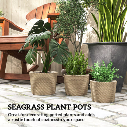 Set of 3 Handwoven Seagrass Plant Pots | Plastic Inner Liner | Lightweight | Bohemian Style | S M L Sizes | Indoor & Outdoor | Patio Balcony & Living Areas | Natural