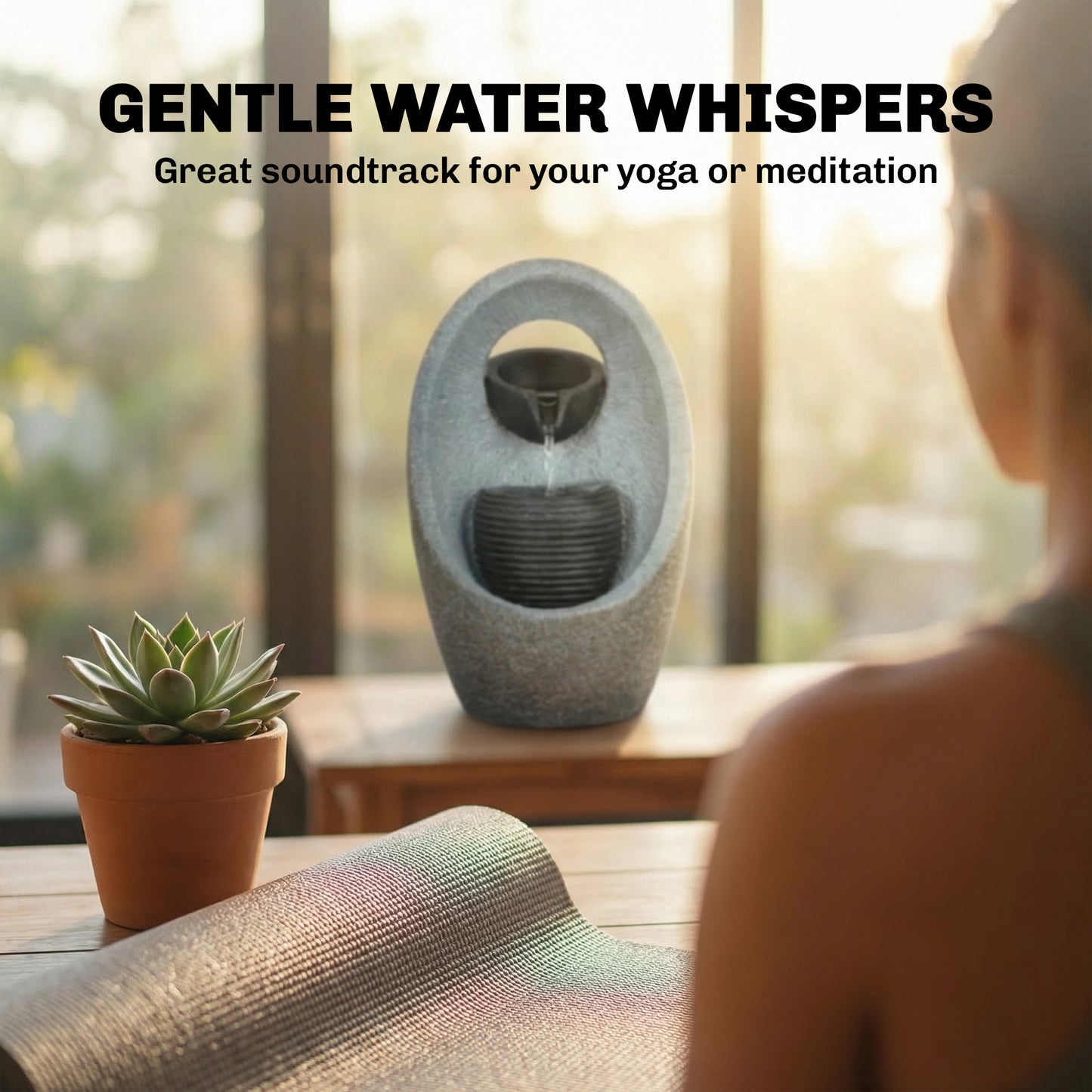 2-Tier Cascading Garden Water Fountain | LED Light | 3W Pump | 3m Cable | Resin | Grey
