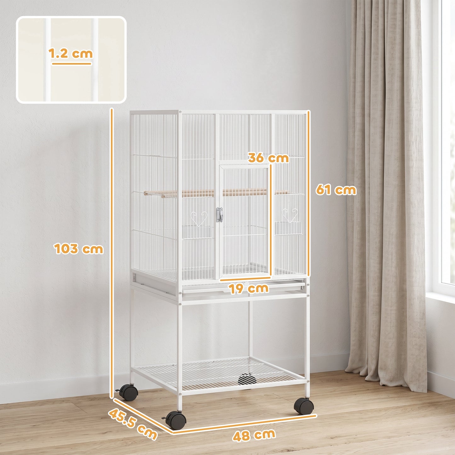 PawHut Bird Cage with Rolling Stand | Storage Shelf | Slide-Out Tray | 4 Feeder Doors | 2 Perches & Feeders | White