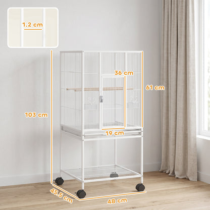 PawHut Bird Cage with Rolling Stand | Storage Shelf | Slide-Out Tray | 4 Feeder Doors | 2 Perches & Feeders | White