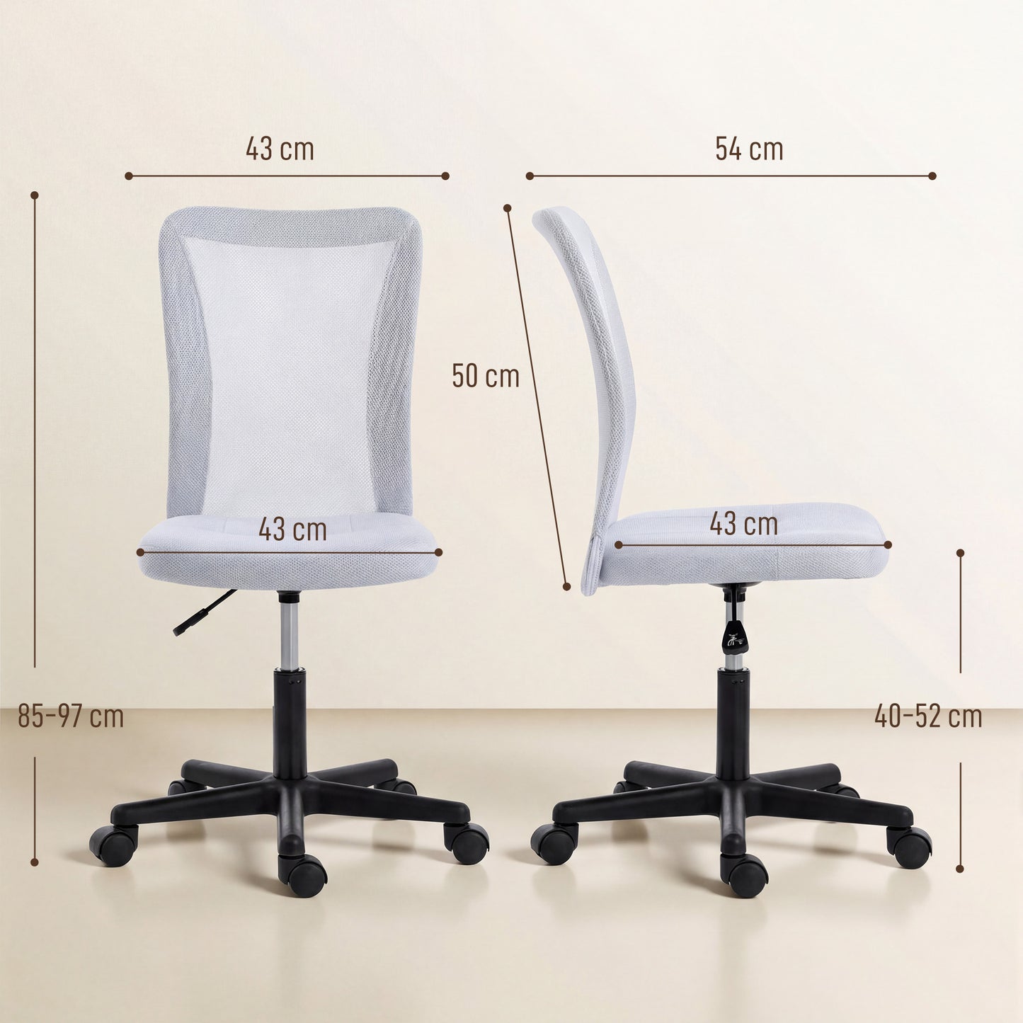 Armless Mesh Office Chair | 360° Swivel | Adjustable Height 40-52cm | 6cm Padded Seat | Breathable Mesh Back | 120kg | Space Saving | White